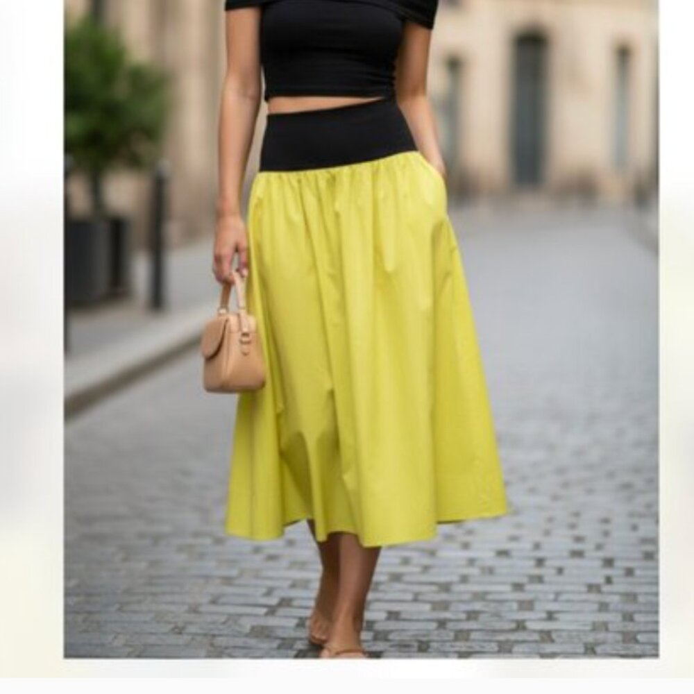 NWOT Free People  Color Block Midi Cotton Skirt Lime Green Black Medium